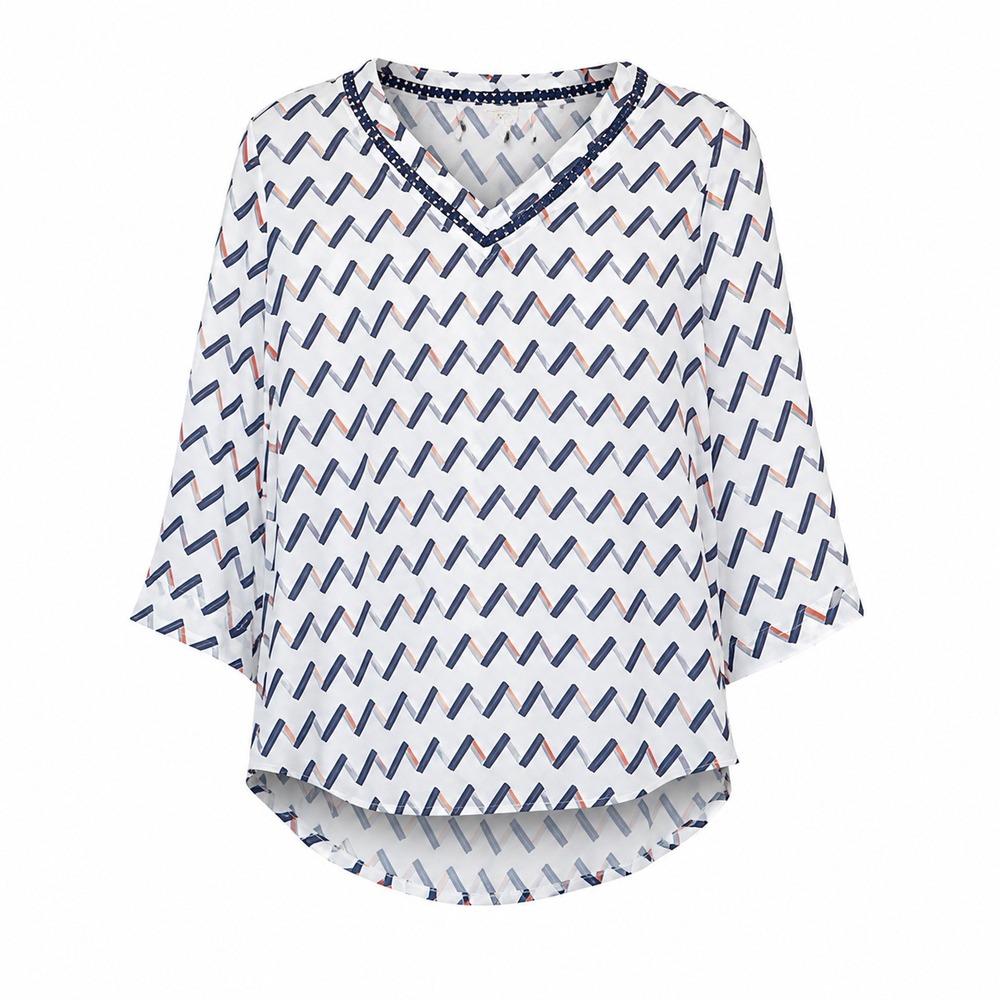 41 Hawthorn Blouse Women Small White Navy Orange Good Pom Pom V-Neck 3/4 Sleeve